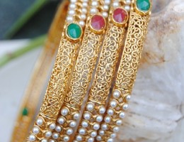  Gold Filigree Pearl Ruby Emerald Bangles